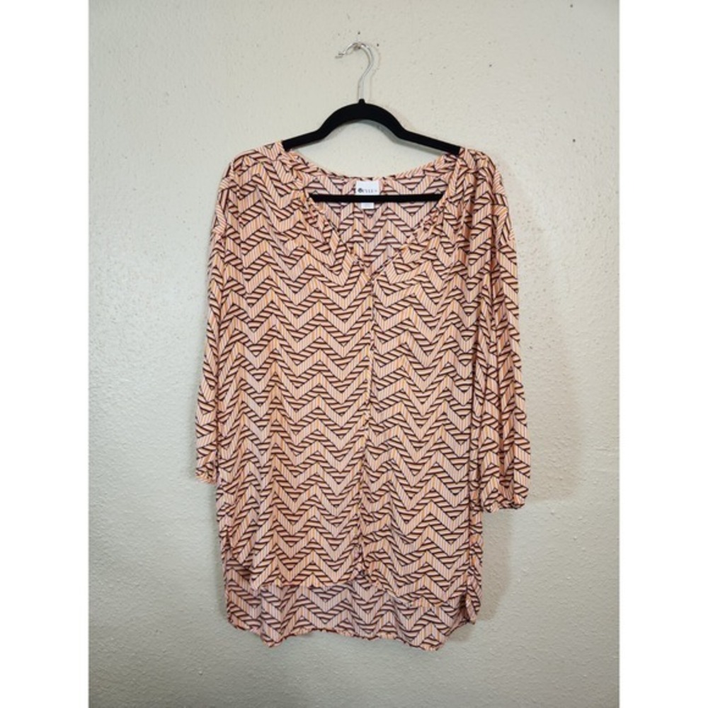 Stylus Women's Orange Chevron Print Hi-Low V-Neck Puff 3/4 Sleeve Blouse Size XL